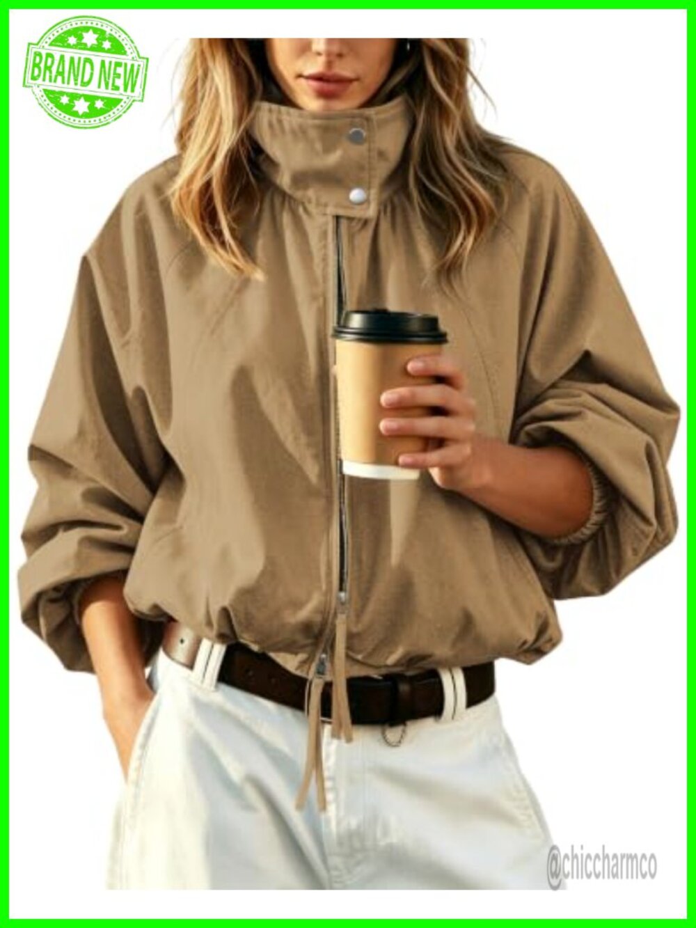 Womens Cropped Bomber Jacket Puffed Sleeve Funnel Neck Zip Up Coat